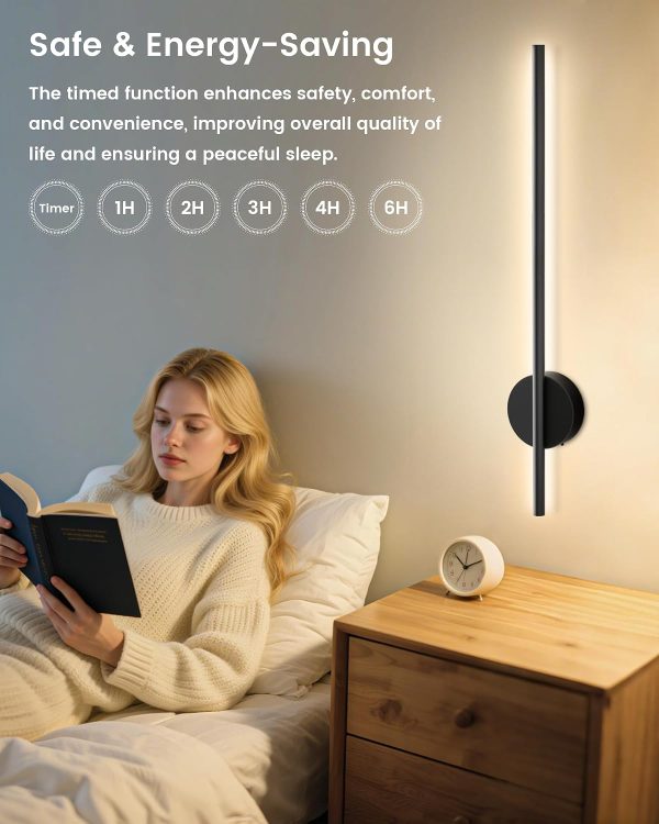 YKLITG 28 Inch Battery Operated Wall Sconce Set of 2, 360 Rotation Dark Black Rechargeable Wall Lights with Detachable Tube and Remote, 3CCT Dimmable Wall Lamp for Living Room Bedroom Hallway