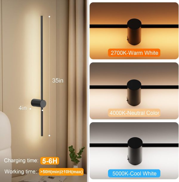 YKLITG 35.4 Inch Battery Operated Wall Sconce Set of 2,Black Minimalist Rechargeable LED Wall Lights with Remote, 10 Colors Dimmable Wireless Wall Sconce for Living Room Bedroom Hallway