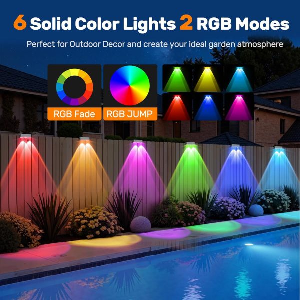 YKLITG Solar Fence Lights,6 Pack Deck Light,Led Outdoor Lights Warm White + RGB Wall Lights Waterproof,Solar Powered Light for Backyard/Pool/Railing/Patio/Porch/Step(White)