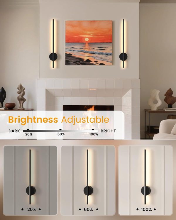 YKLITG 28 Inch Battery Operated Wall Sconce Set of 2, 360 Rotation Dark Black Rechargeable Wall Lights with Detachable Tube and Remote, 3CCT Dimmable Wall Lamp for Living Room Bedroom Hallway