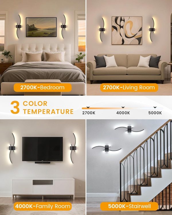 YKLITG 27.6 Inch Battery Operated Wall Sconce Set of 2, Black Modern Rechargeable Wall Lights with Remote, 3CCT Dimmable Wireless Wall Lamp for Living Room Bedroom Hallway