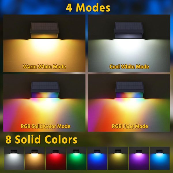 YKLITG Outdoor Fence Lights, 6 Pack Waterproof LED Solar Fence Lights with 1500mAh Battery, Warm White/Cool White/RGB, Easy-to-Install Wall Light for Deck, Patio, Railing, Stairs, Backyard C Black
