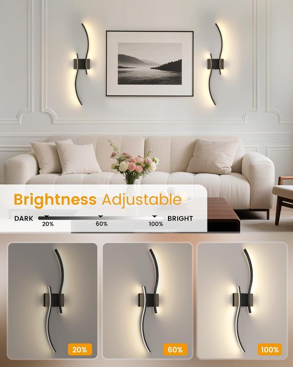YKLITG 27.6 Inch Battery Operated Wall Sconce Set of 2, Black Modern Rechargeable Wall Lights with Remote, 3CCT Dimmable Wireless Wall Lamp for Living Room Bedroom Hallway