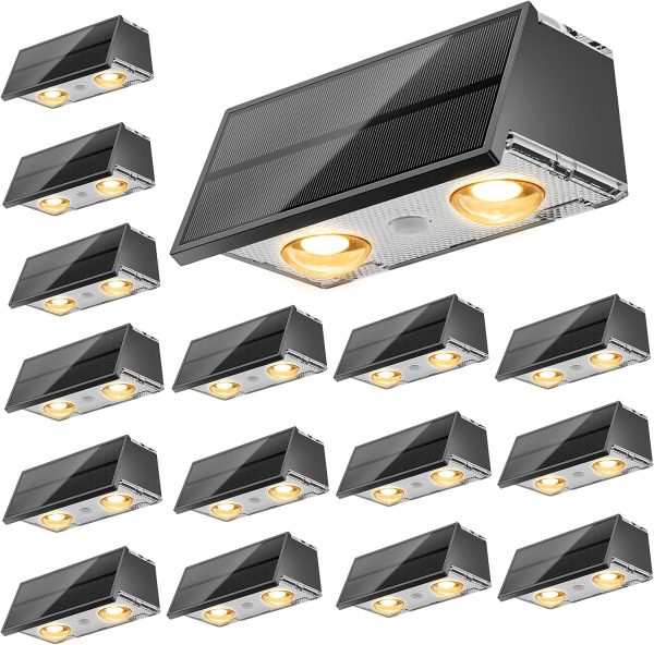 YKLITG Solar Fence Lights,16 Pack Deck Light,Led Outdoor Lights 3000K/4500K/6000K+ RGB Up & Down Wall Lights Waterproof,Solar Powered Light for Backyard/Pool/Railing/Patio/Porch/Step Black