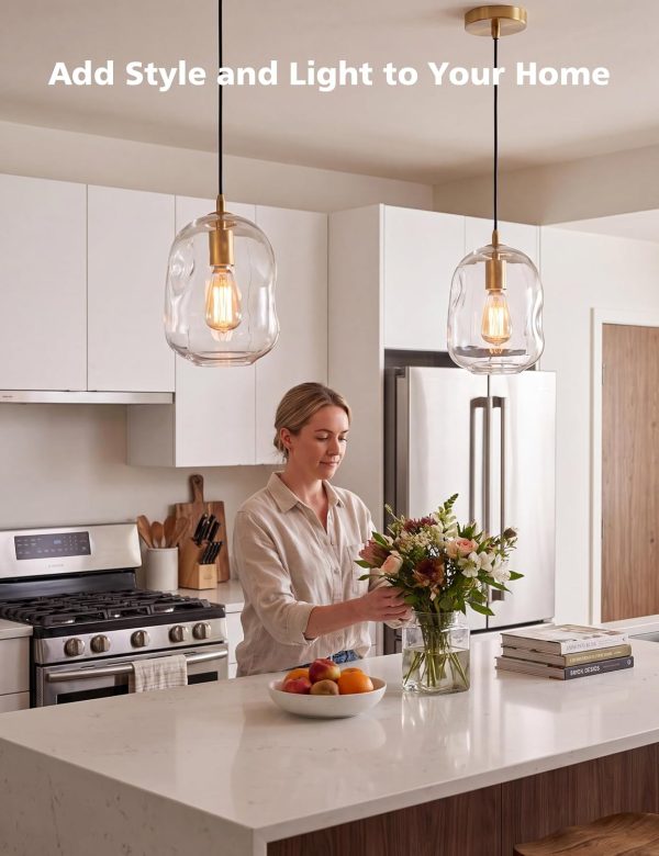 YKLITG 2 Pack Pendant Lights Kitchen Island, Gold Pendant Light Fixtures with Clear Thick Glass Shade, Modern Hanging Ceiling Lights for Kitchen, Bathroom, Bedroom and Dining Room