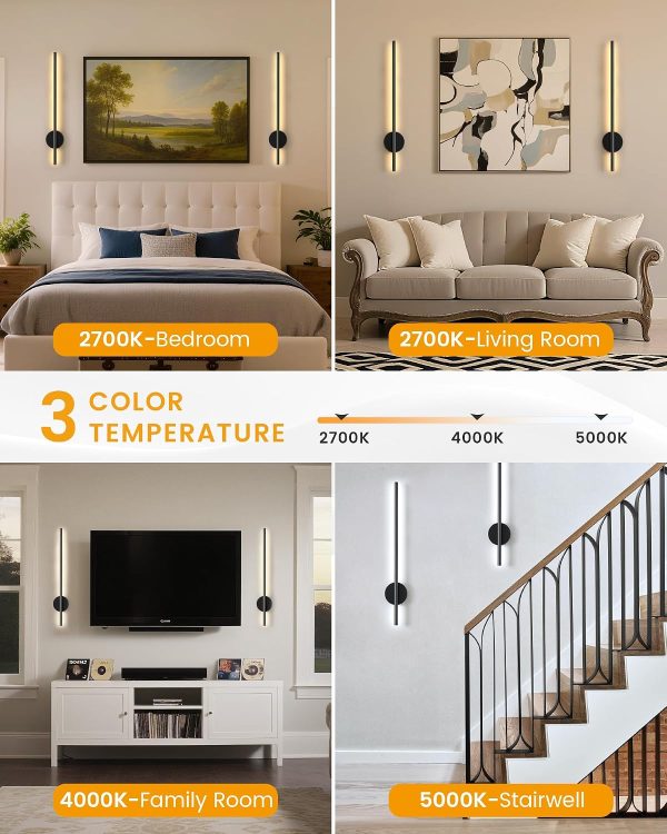 YKLITG 28 Inch Battery Operated Wall Sconce Set of 2, 360 Rotation Dark Black Rechargeable Wall Lights with Detachable Tube and Remote, 3CCT Dimmable Wall Lamp for Living Room Bedroom Hallway