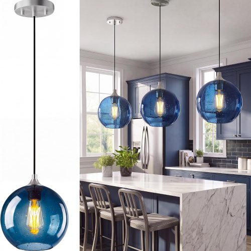YKLITG Pendant Lights Kitchen Island 3 Pack, Blue Glass Pendant Light Fixtures with Clear Globe Shade, Adjustable Height Design, Modern Kitchen Island Lighting for Dining Room, Bedroom (7.87in)