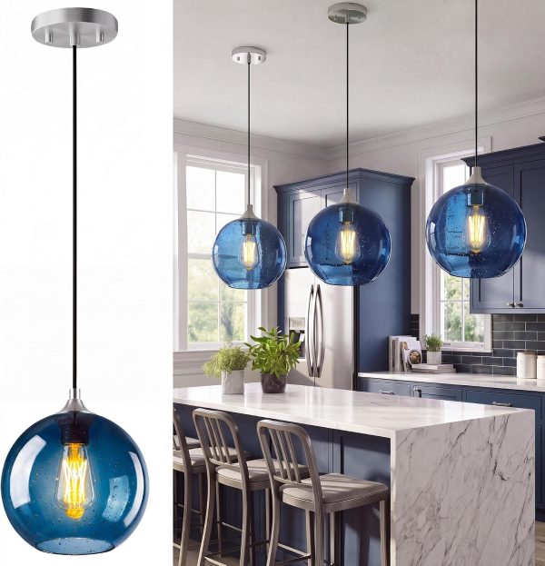 YKLITG Pendant Lights Kitchen Island 3 Pack, Blue Glass Pendant Light Fixtures with Clear Globe Shade, Adjustable Height Design, Modern Kitchen Island Lighting for Dining Room, Bedroom (7.87in)