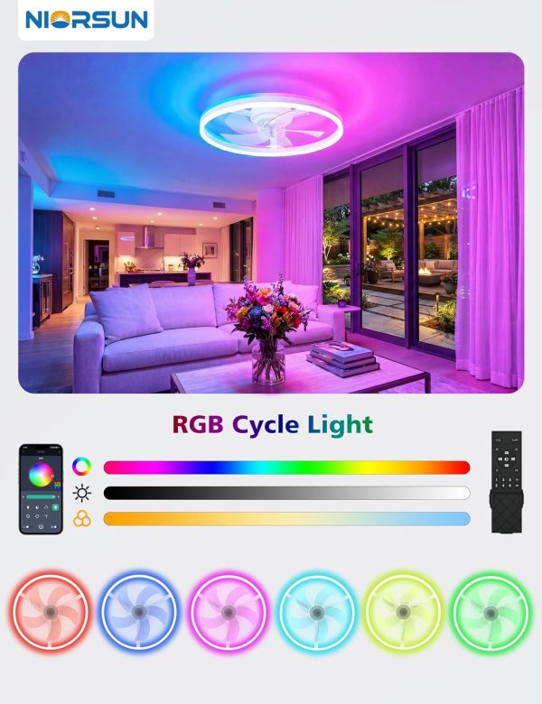 RGB Ceiling Fan with Light and Remote,20" Fandelier Smart Ceiling Fan,White