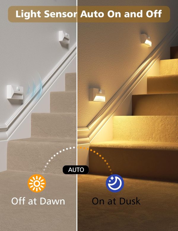 YKLITG Motion Sensor Stair Lights Indoor, 2000mAh Battery Operated Night Light, 3 Color Temperature with Light Sensor for Stairway, Hallway, Bathroom, Kitchen, Bedroom White 4 Pack