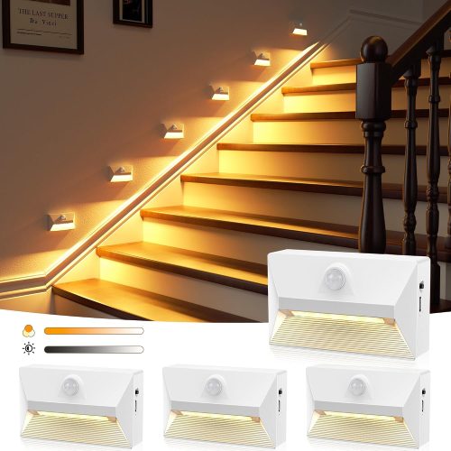 YKLITG Motion Sensor Stair Lights Indoor, 2000mAh Battery Operated Night Light, 3 Color Temperature with Light Sensor for Stairway, Hallway, Bathroom, Kitchen, Bedroom White 4 Pack