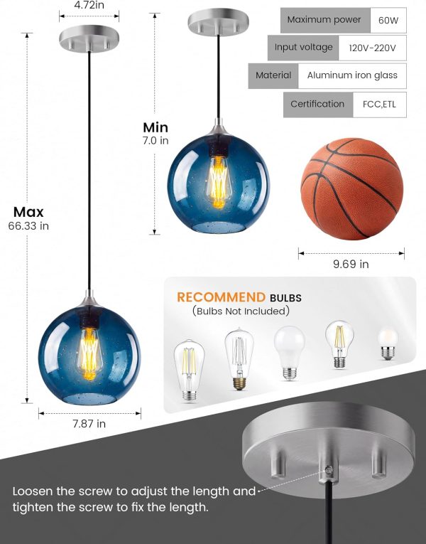 YKLITG Pendant Lights Kitchen Island 3 Pack, Blue Glass Pendant Light Fixtures with Clear Globe Shade, Adjustable Height Design, Modern Kitchen Island Lighting for Dining Room, Bedroom (7.87in)