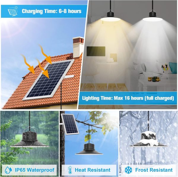 YKLITG Solar Indoor Lights Outdoor, LED Solar Pendant Lights 3 Color Dimmable Lighting with Remote Control, Gazebo Lights,2x16.4ft Cable IP65 Waterproof for Garden, Patio, Garage, Camp(2 Pack)