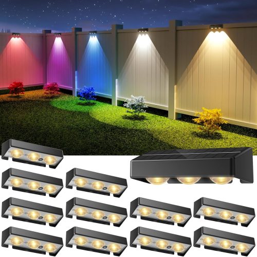 YKLITG Solar Fence Lights, 12 Pack LED Outdoor Solar Deck Lights with Lenses, RGB Color, IP65 Waterproof, Solar Lights for Outside, Wall, Patio, Railing, Yard (Black)