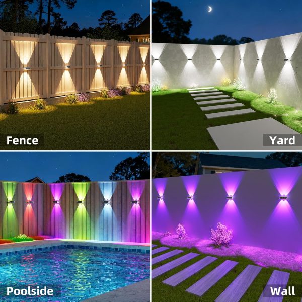 YKLITG Solar Fence Lights Outdoor, 12 Pack Up and Down Waterproof Solar Wall Lights, Fence Lights with Lens, Warm & Cool White + RGB, Dusk to Dawn Lighting for Patio, Backyard, Pool, Railing (White)