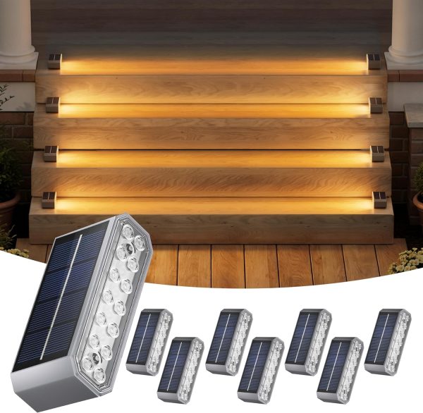 YKLITG Solar Step Lights, 8 Pack Outdoor Horizontal Lights for Steps, Deck, Stairs, Dock & Pathway - Bright 3000K Warm White, Auto On/Off, IP67 Waterproof