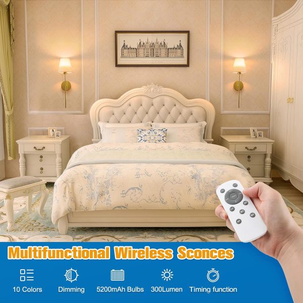 YKLITG Battery Operated Wall Sconce Set of 2,Gold Rechargeable Wall Lights with 10400mAh Dimmable Bulbs and Remote,10 Colors Wireless Wall Lamps for Bedroom Living Room Hallway Decor