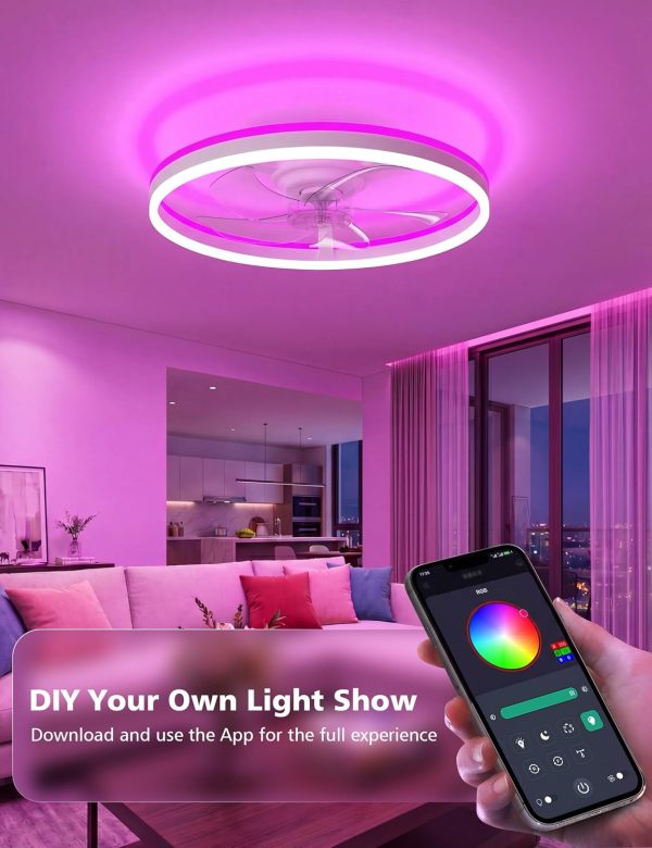 RGB Ceiling Fan with Light and Remote,20" Fandelier Smart Ceiling Fan,White