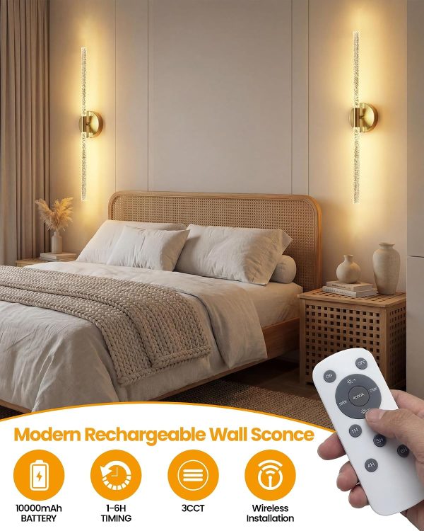 YKLITG Crystal-Inspired Bubble Battery Operated Wall Sconce Set of 2, 10000mAh 3 Color Temps Rechargeable Wall Lights with Remote, Dimmable Wireless Wall Lamp for Living Room Bedroom