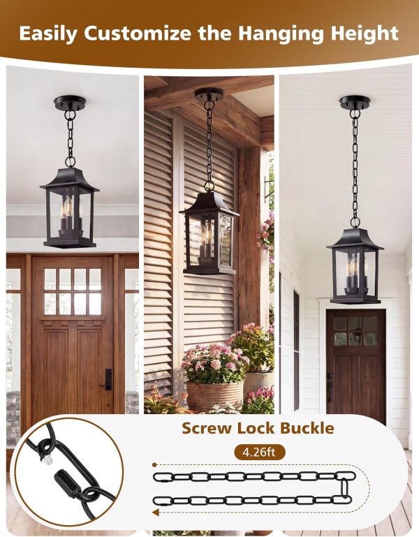 YKLITG Black Outdoor Pendant Light with 3 Light Sources, 12.2'' Modern Hanging Lantern Chandelier Fixture with Tempered Glass, Anti-Rust Aluminum Adjustable Chain for Porch,Patio,Entryway,Gazebo