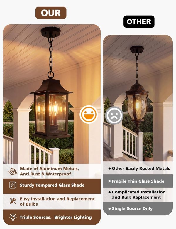 YKLITG Black Outdoor Pendant Light with 3 Light Sources, 12.2'' Modern Hanging Lantern Chandelier Fixture with Tempered Glass, Anti-Rust Aluminum Adjustable Chain for Porch,Patio,Entryway,Gazebo