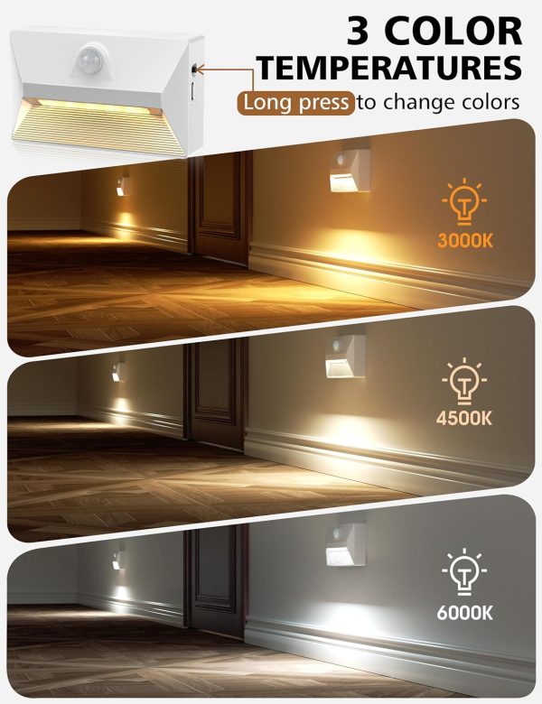 YKLITG Motion Sensor Stair Lights Indoor, 2000mAh Battery Operated Night Light, 3 Color Temperature with Light Sensor for Stairway, Hallway, Bathroom, Kitchen, Bedroom White 4 Pack