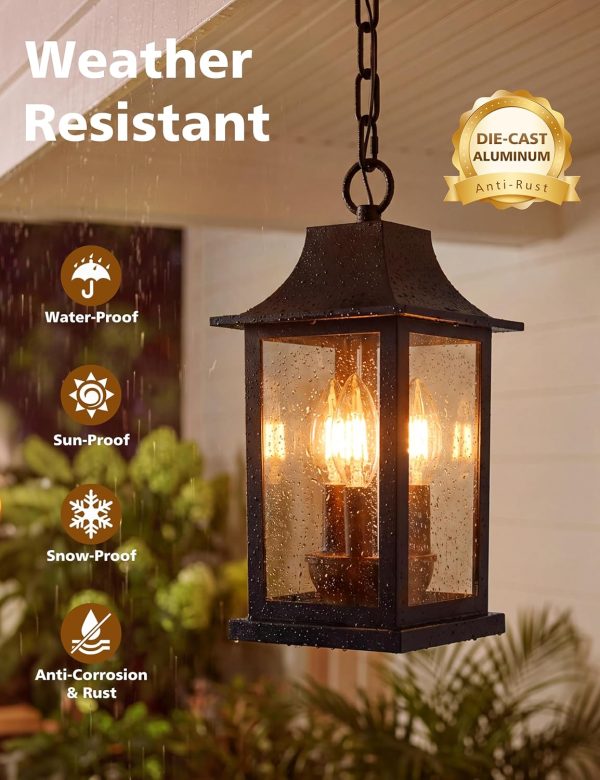 YKLITG Black Outdoor Pendant Light with 3 Light Sources, 12.2'' Modern Hanging Lantern Chandelier Fixture with Tempered Glass, Anti-Rust Aluminum Adjustable Chain for Porch,Patio,Entryway,Gazebo