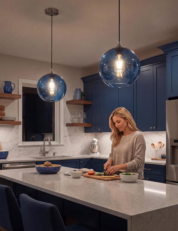 YKLITG Pendant Lights Kitchen Island 3 Pack, Blue Glass Pendant Light Fixtures with Clear Globe Shade, Adjustable Height Design, Modern Kitchen Island Lighting for Dining Room, Bedroom (7.87in)