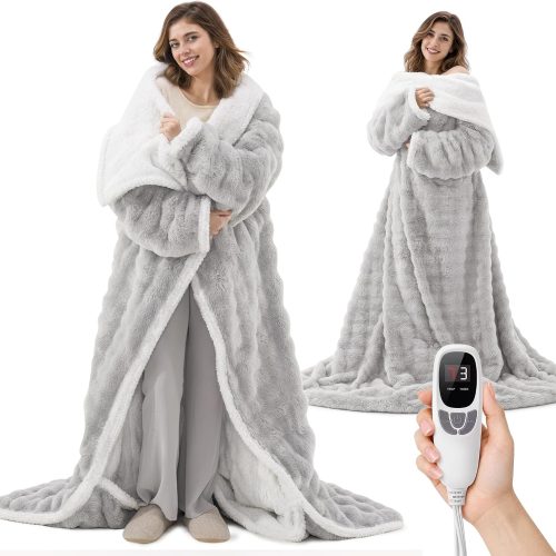 YKLITG Wearable Heated Blanket with Foot Pocket, Electric Throw Blanket with Sleeves, 9 Heating Levels & 10 Timer Settings, Ultra-Soft Bubble Faux Fur & Sherpa, ETL & FCC Certified, 50" x 70"
