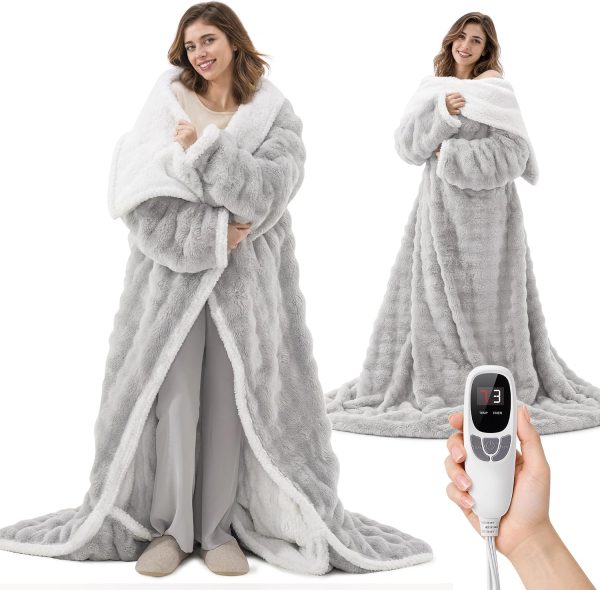 YKLITG Wearable Heated Blanket with Foot Pocket, Electric Throw Blanket with Sleeves, 9 Heating Levels & 10 Timer Settings, Ultra-Soft Bubble Faux Fur & Sherpa, ETL & FCC Certified, 50" x 70"