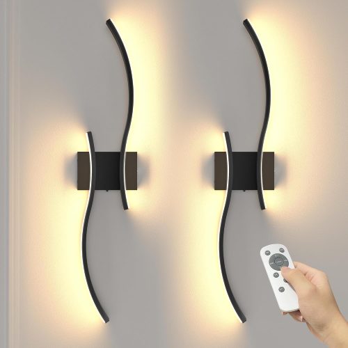 YKLITG 27.6 Inch Battery Operated Wall Sconce Set of 2, Black Modern Rechargeable Wall Lights with Remote, 3CCT Dimmable Wireless Wall Lamp for Living Room Bedroom Hallway