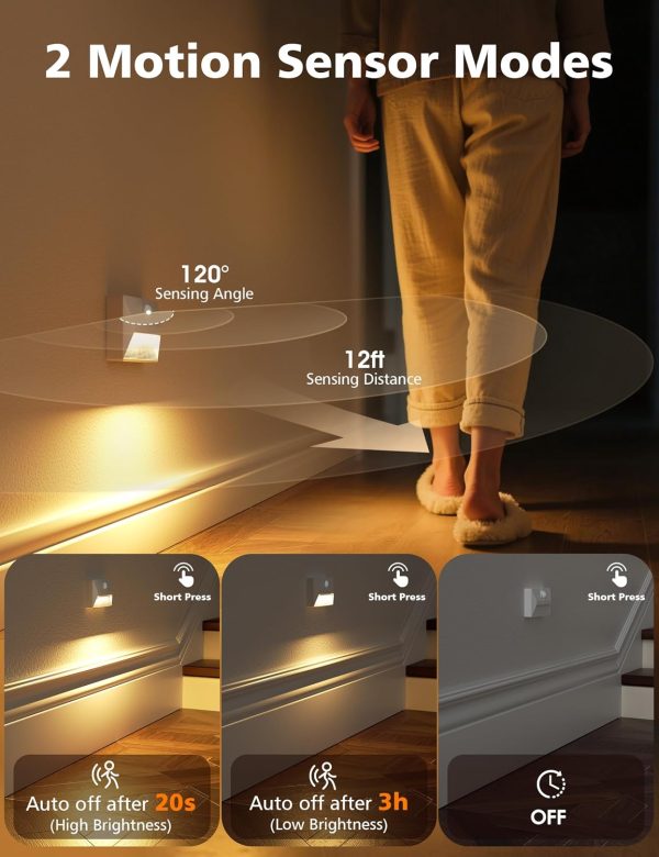 YKLITG Motion Sensor Stair Lights Indoor, 2000mAh Battery Operated Night Light, 3 Color Temperature with Light Sensor for Stairway, Hallway, Bathroom, Kitchen, Bedroom White 4 Pack