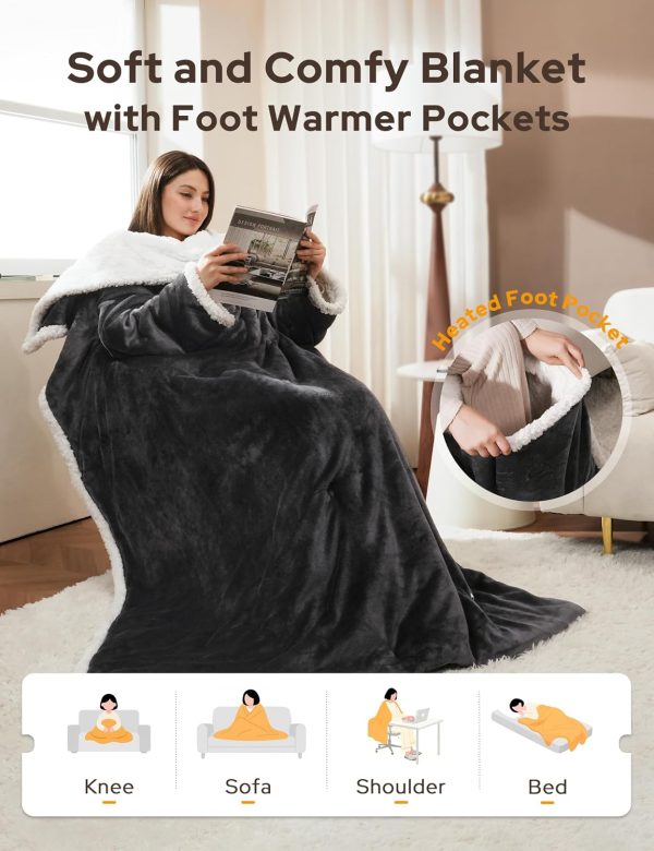 YKLITG Heated Blanket Throw with Foot Pocket, Wearable Electric Blanket with 9 Heating Levels & 10 Time Settings, Ultra-Soft Flannel & Sherpa, Cozy Gift for Family and Friends, 54 * 75", Grey