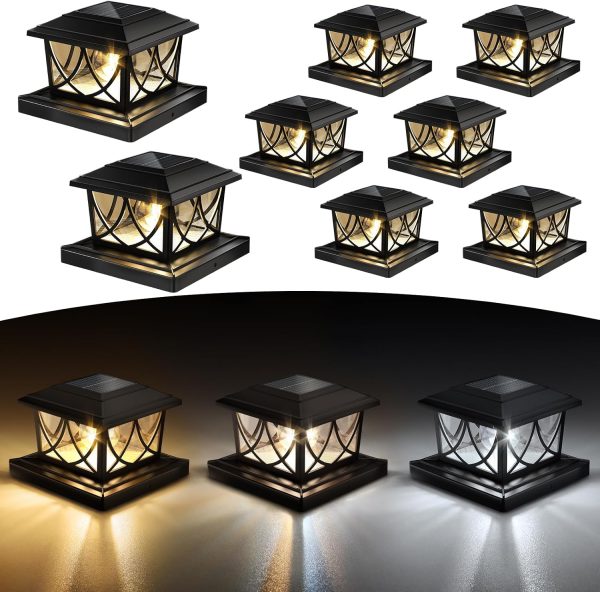 YKLITG 4x4 Post Solar Lights, 3 Color Temps & 2 Brightnesses, 8 Pack Black