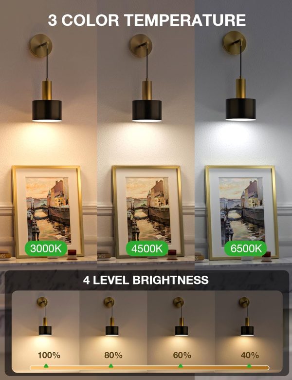 YKLITG Battery Operated Wall Sconce Set of 2, Gold & Black Wireless Rechargeable Wall Lights with 5200mAh Dimmable Detachable Bulbs and Remote, 9 Colors Sconces Wall Decor for Bedroom Living Room