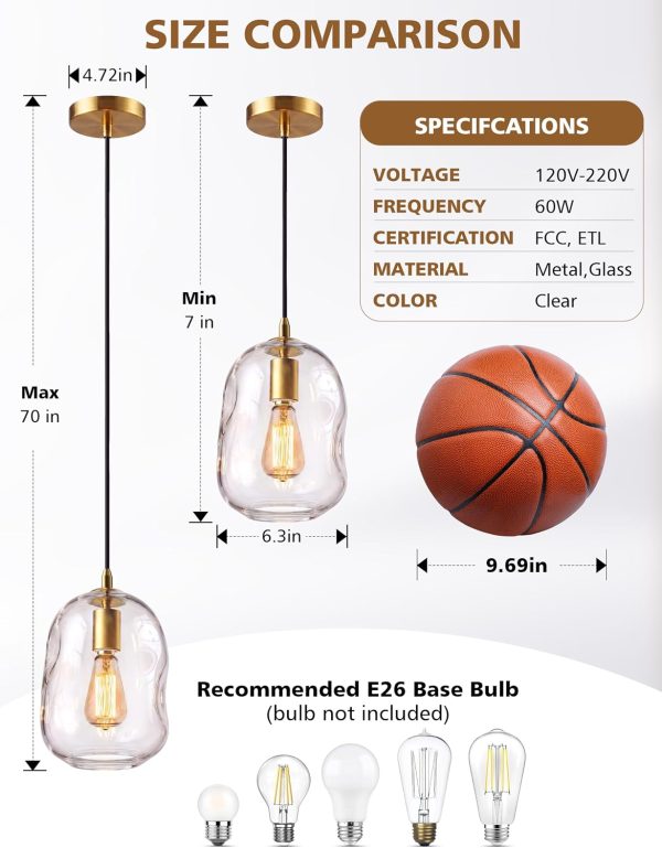 YKLITG 2 Pack Pendant Lights Kitchen Island, Gold Pendant Light Fixtures with Clear Thick Glass Shade, Modern Hanging Ceiling Lights for Kitchen, Bathroom, Bedroom and Dining Room