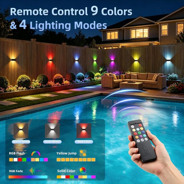 YKLITG Solar Fence Lights with Remote 12 Pack, Up and Down LED Waterproof Solar Wall Lights Outdoor, RGB Color Changing with 4 Lighting Modes, Dusk to Dawn Solar Lights for Patio, Railing, Backyard