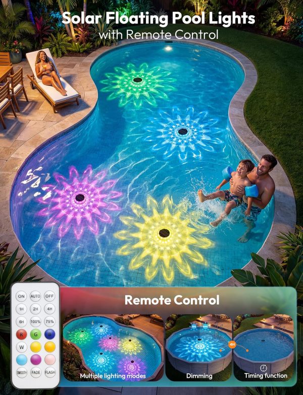 YKLITG Floating Solar Pool Lights, 5.8 Inch IP68 Waterproof Pool Lights with Remote, 9 RGB Color LED Pool Solar Lights with Timer Auto On/Off, Pool Lights for Inground Above Ground Pools Hot Tub Spa