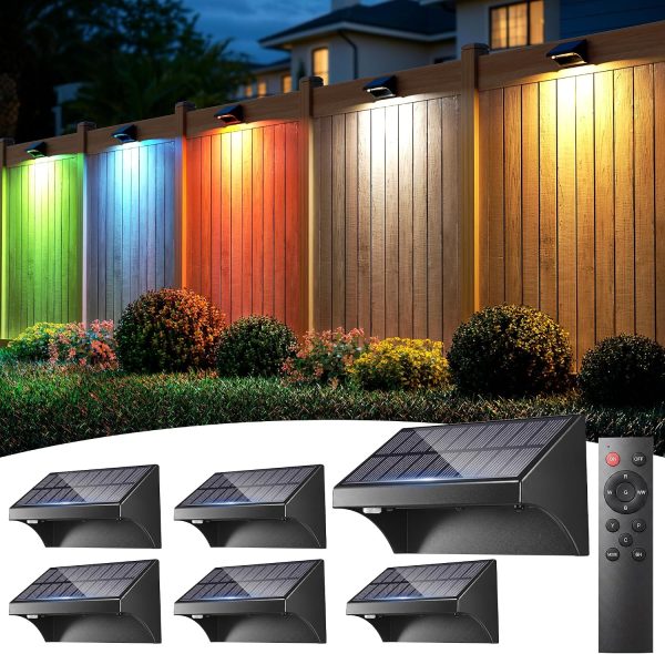 YKLITG LED Fence Lights Solar Powered with Remote 6 Pack, Solar Fence Lights Outdoor Waterproof with Warm/Cool White, RGB Colors, 6H Timer Solar Lights for Fence, Deck, Backyard, Railing,and Wall