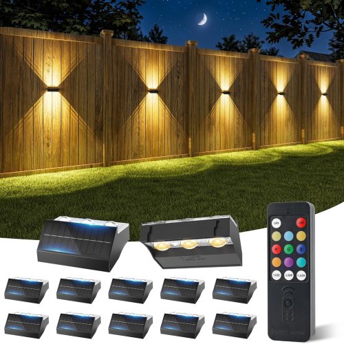 YKLITG Solar Fence Lights with Remote 12 Pack, Up and Down LED Waterproof Solar Wall Lights Outdoor, RGB Color Changing with 4 Lighting Modes, Dusk to Dawn Solar Lights for Patio, Railing, Backyard