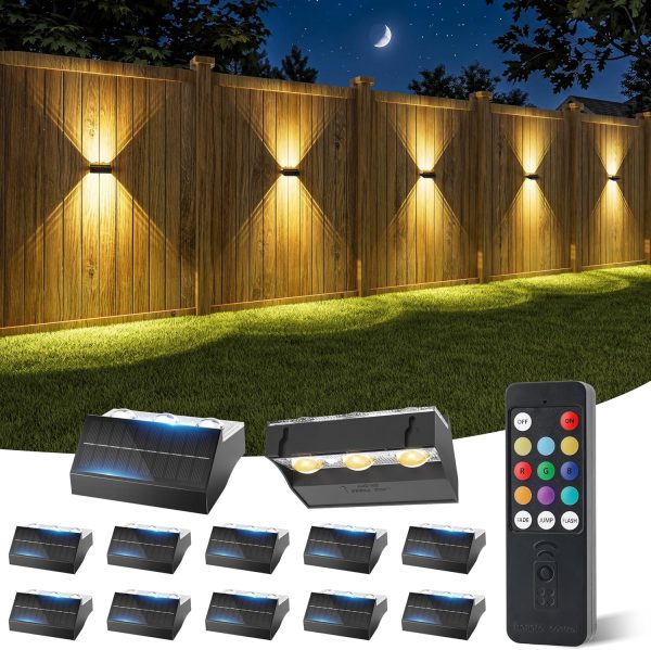 YKLITG Solar Fence Lights with Remote 12 Pack, Up and Down LED Waterproof Solar Wall Lights Outdoor, RGB Color Changing with 4 Lighting Modes, Dusk to Dawn Solar Lights for Patio, Railing, Backyard