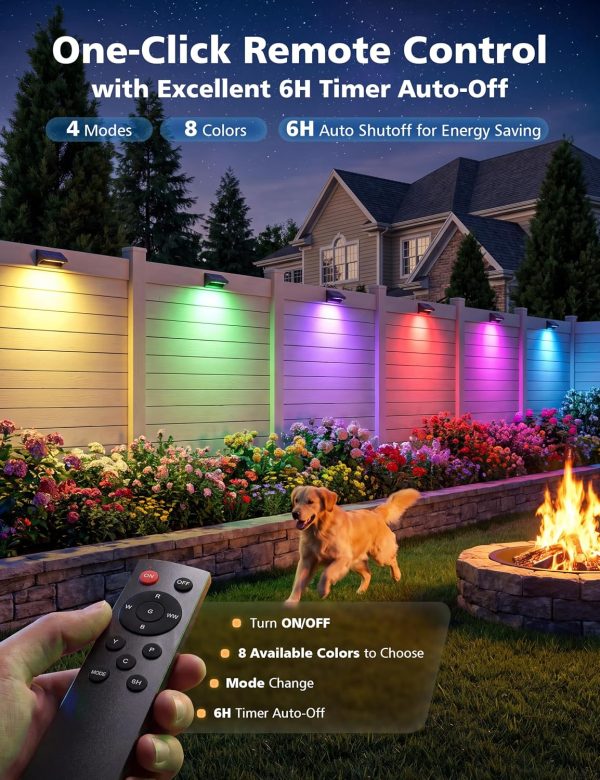 YKLITG LED Fence Lights Solar Powered with Remote 6 Pack, Solar Fence Lights Outdoor Waterproof with Warm/Cool White, RGB Colors, 6H Timer Solar Lights for Fence, Deck, Backyard, Railing,and Wall