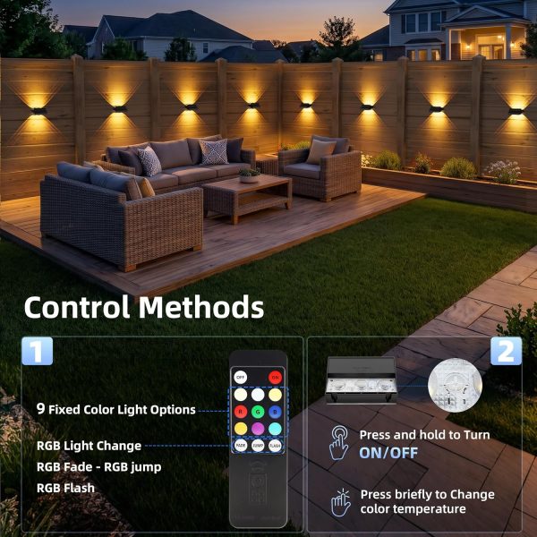 YKLITG Solar Fence Lights with Remote 12 Pack, Up and Down LED Waterproof Solar Wall Lights Outdoor, RGB Color Changing with 4 Lighting Modes, Dusk to Dawn Solar Lights for Patio, Railing, Backyard